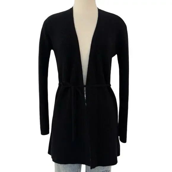 Theory Cashmere Tie Front Cardigan Feather Soft Black Tunic Sweater Size M - Picture 1 of 12